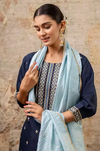 Floral embroidered silk blend round neck kurta trouser & dupatta set