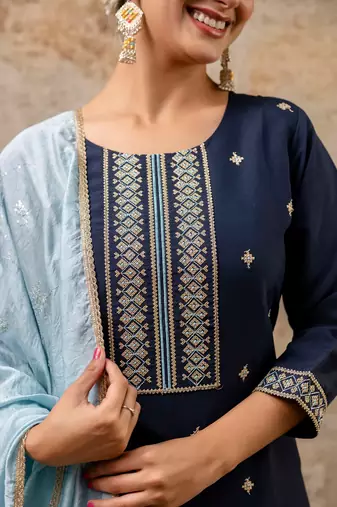 Floral embroidered silk blend round neck kurta trouser & dupatta set