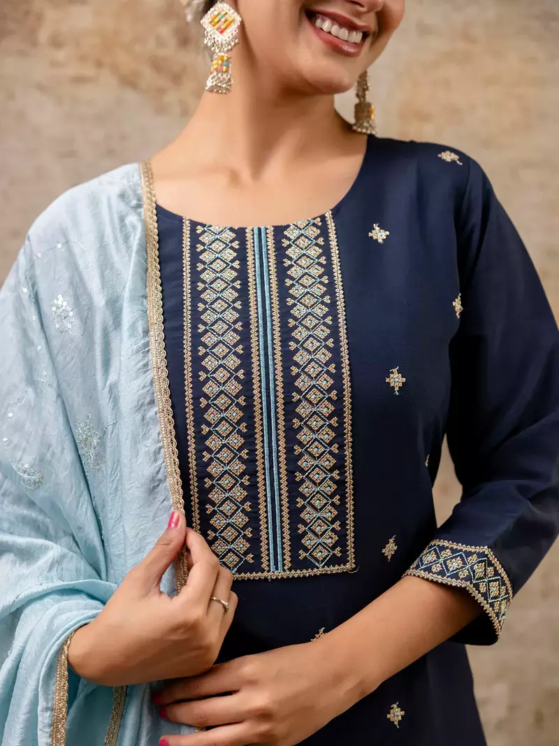 Floral embroidered silk round neck kurta trouser & dupatta set
