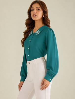 Women teal embroidered collar shirt 2