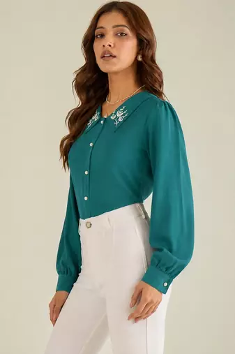 Women teal embroidered collar shirt