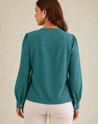 Women teal embroidered collar shirt 3
