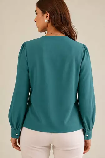 Women teal embroidered collar shirt