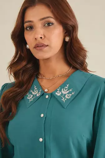 Women teal embroidered collar shirt
