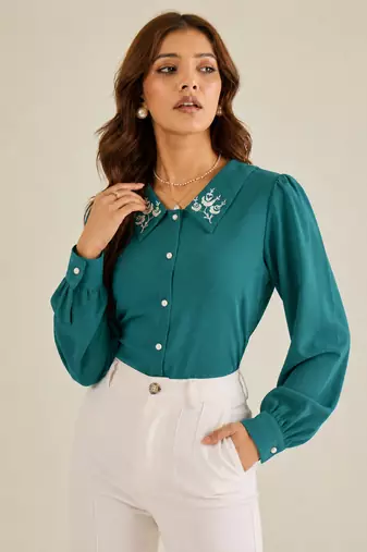 Women teal embroidered collar shirt