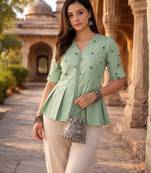 Women mint green embroidered peplum top