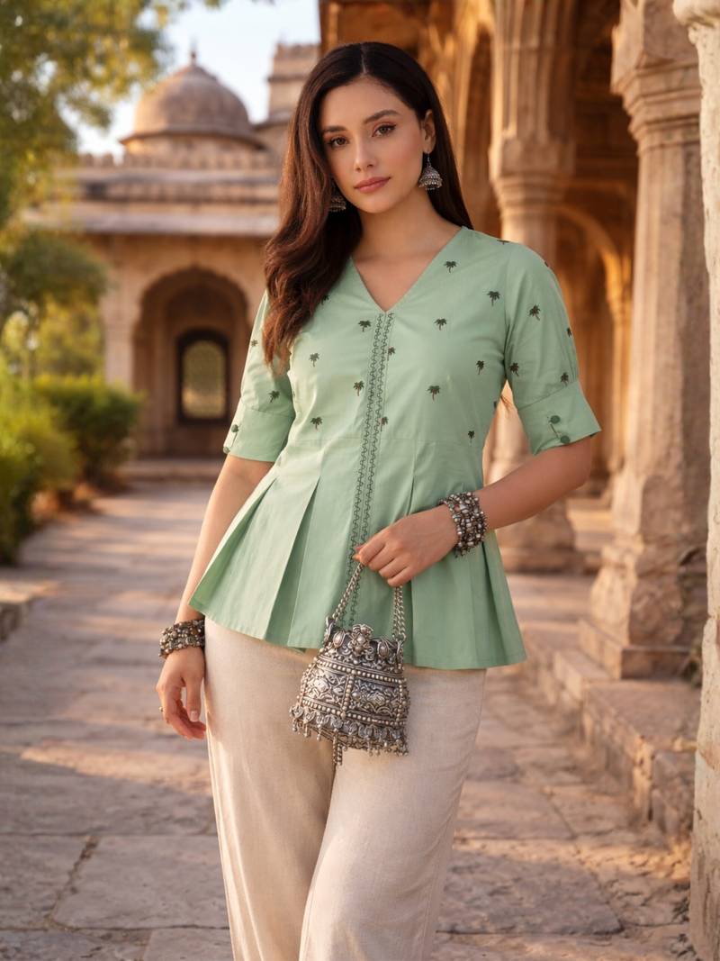 Women mint green embroidered peplum top