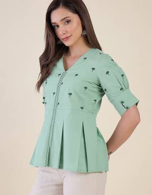 Women mint green embroidered peplum top 2