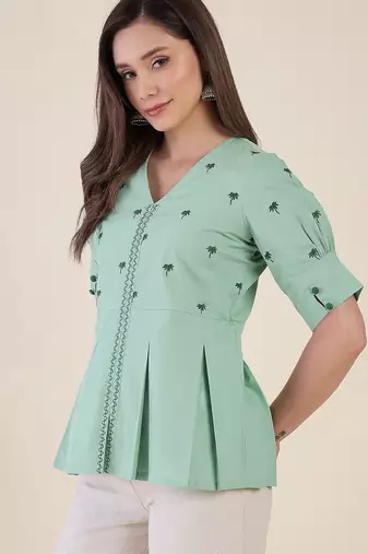 Women mint green embroidered peplum top