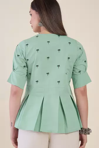 Women mint green embroidered peplum top
