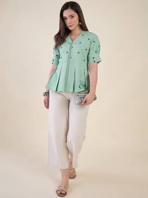 Women mint green embroidered peplum top 5