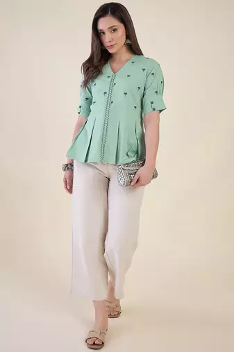Women mint green embroidered peplum top
