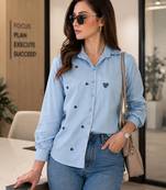 Women sky blue heart embroidered cotton casual shirt with full sleeves