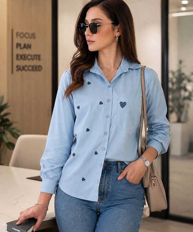 Women sky blue heart embroidered cotton casual shirt with full sleeves