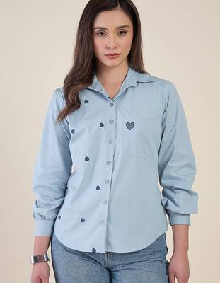 Women sky blue heart embroidered cotton casual shirt with full sleeves 2