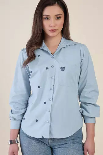 Women sky blue heart embroidered cotton casual shirt with full sleeves