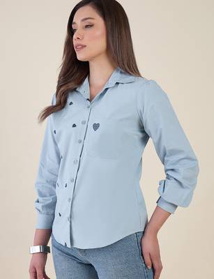 Women sky blue heart embroidered cotton casual shirt with full sleeves 3