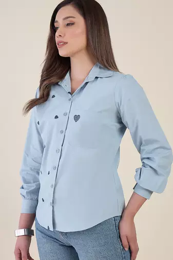 Women sky blue heart embroidered cotton casual shirt with full sleeves
