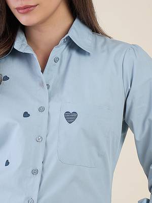 Women sky blue heart embroidered cotton casual shirt with full sleeves 5