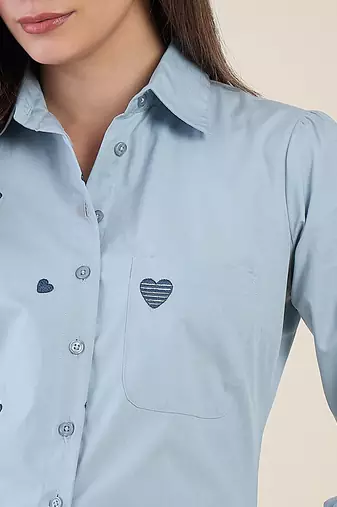 Women sky blue heart embroidered cotton casual shirt with full sleeves