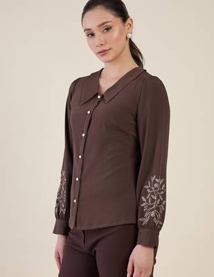 Women brown embroidered full sleeve casual shirt 2