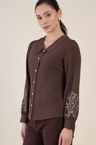 Women brown embroidered full sleeve casual shirt
