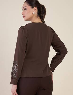 Women brown embroidered full sleeve casual shirt 3