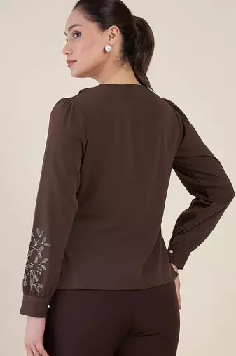 Women brown embroidered full sleeve casual shirt