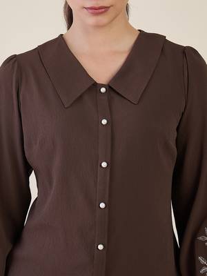 Women brown embroidered full sleeve casual shirt 4