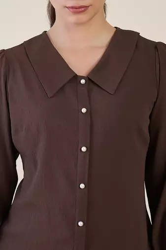 Women brown embroidered full sleeve casual shirt