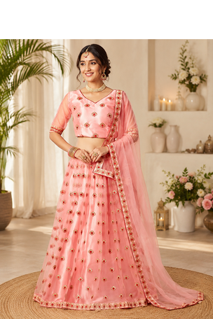 Peach Embroidered Net Semi Stitched Lehenga Choli Traditional Wear Collection 1