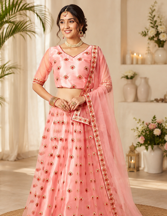 Peach Embroidered Net Semi Stitched Lehenga Choli Traditional Wear Collection