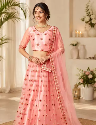 Peach Embroidered Net Semi Stitched Lehenga Choli Traditional Wear Collection