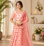 Peach Embroidered Net Semi Stitched Lehenga Choli Traditional Wear Collection