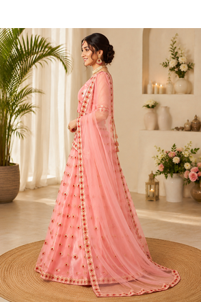 Peach Embroidered Net Semi Stitched Lehenga Choli Traditional Wear Collection 2