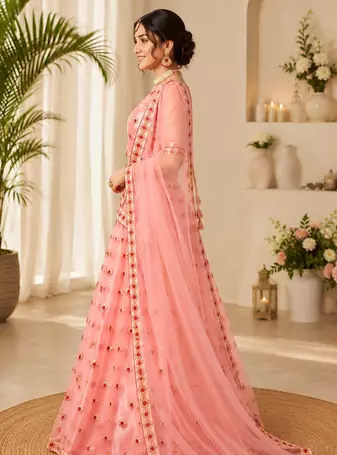Peach Embroidered Net Semi Stitched Lehenga Choli Traditional Wear Collection
