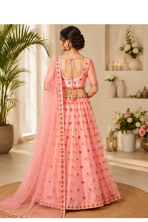 Peach Embroidered Net Semi Stitched Lehenga Choli Traditional Wear Collection 3