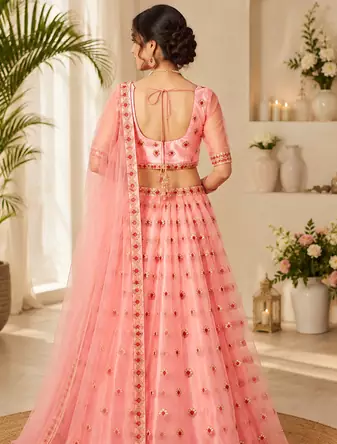 Peach Embroidered Net Semi Stitched Lehenga Choli Traditional Wear Collection