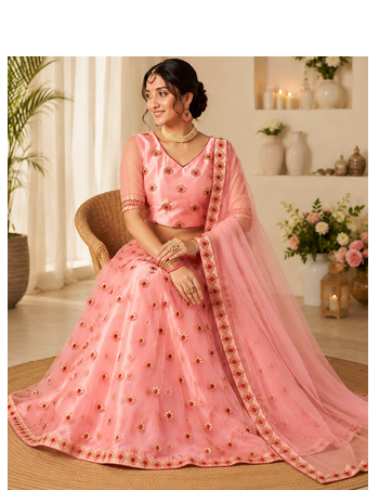 Peach Embroidered Net Semi Stitched Lehenga Choli Traditional Wear Collection 4