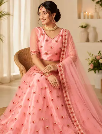 Peach Embroidered Net Semi Stitched Lehenga Choli Traditional Wear Collection
