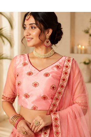 Peach Embroidered Net Semi Stitched Lehenga Choli Traditional Wear Collection 5