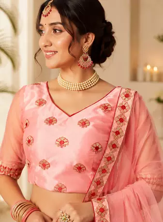 Peach Embroidered Net Semi Stitched Lehenga Choli Traditional Wear Collection