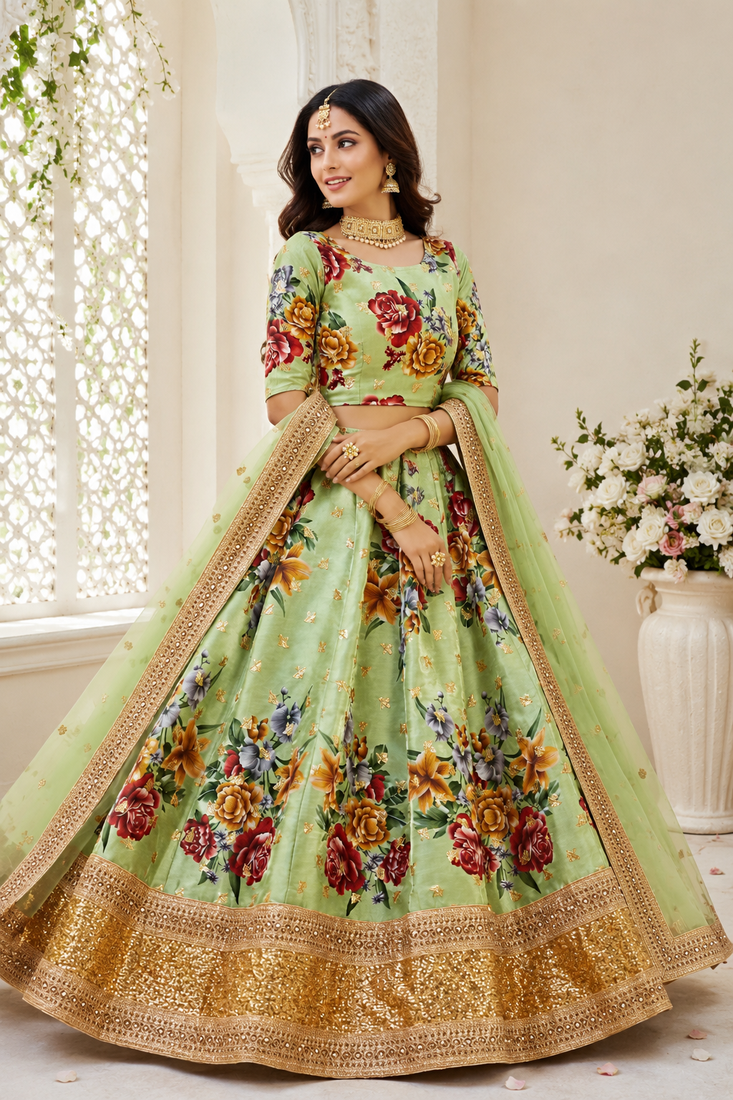 Light-Green Embroidered Art Silk Semi Stitched Lehenga Choli Collection