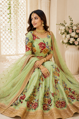 Light-Green Embroidered Art Silk Semi Stitched Lehenga Choli Collection 4