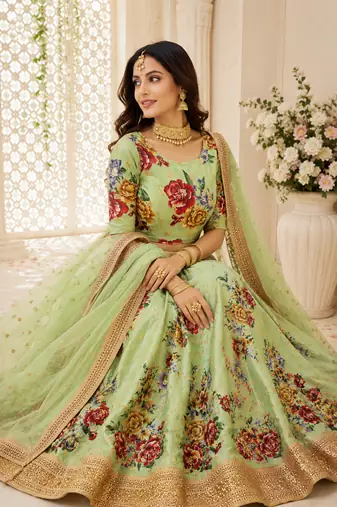 Light-Green Embroidered Art Silk Semi Stitched Lehenga Choli Collection