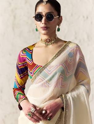 OFF WHITE FANCY embroidered saree with blouse 2