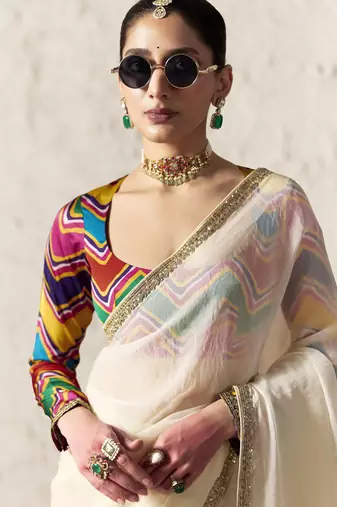 OFF WHITE FANCY embroidered saree with blouse