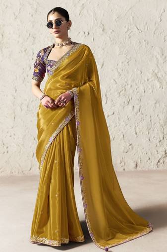 DARK YELLOW FANCY embroidered saree with blouse