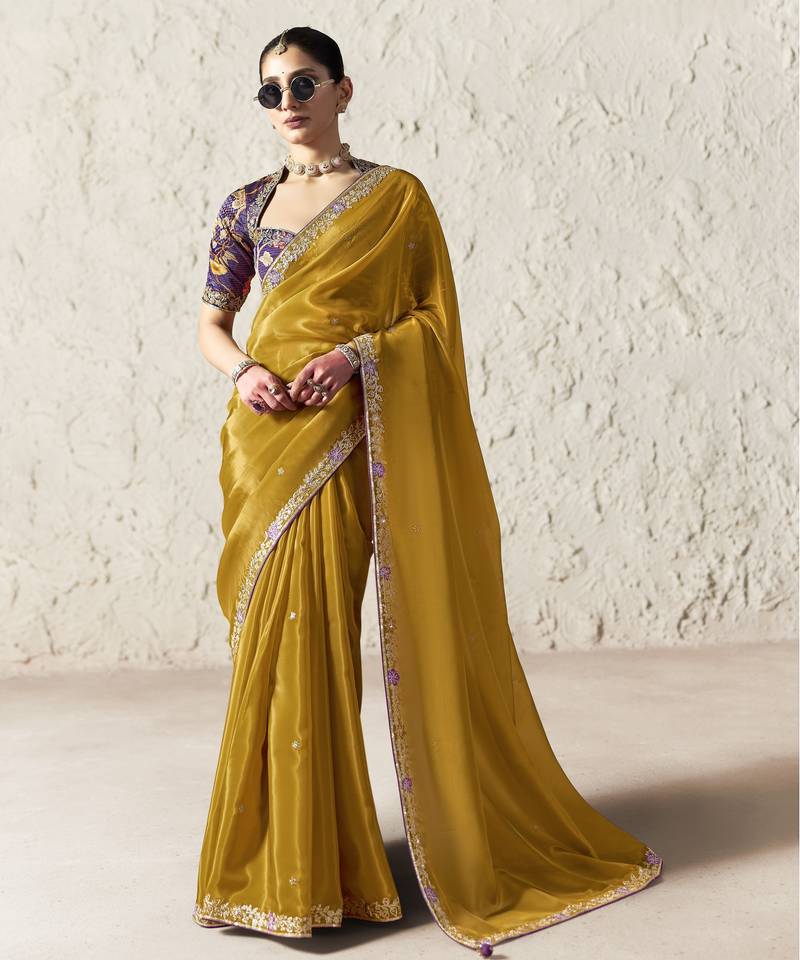 DARK YELLOW FANCY embroidered saree with blouse