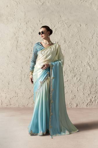 SKYBLUE FANCY embroidered saree with blouse